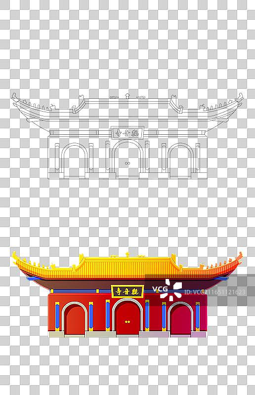 新中式描边风格城市系列插画内蒙古呼和浩特观音寺色稿线稿组合图片素材