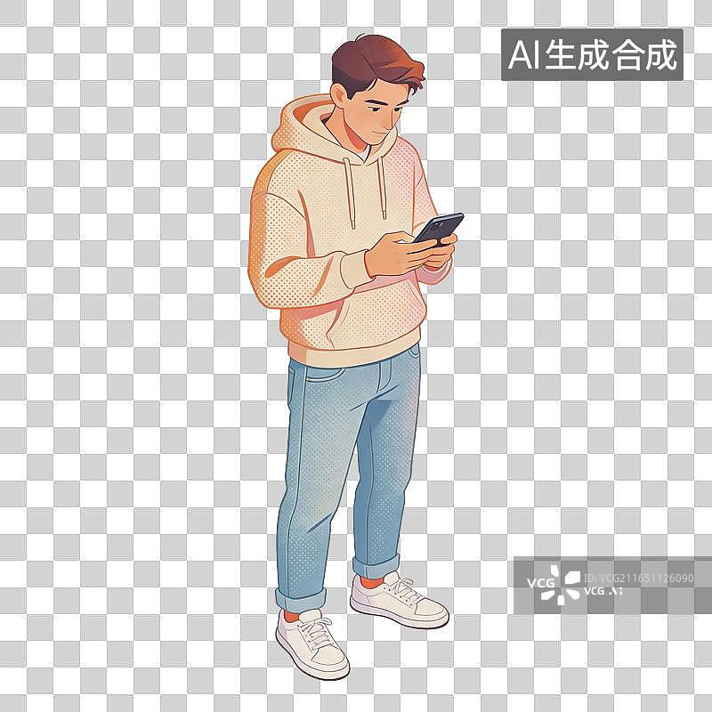 【AI数字艺术】男性低头玩手机插画图片素材