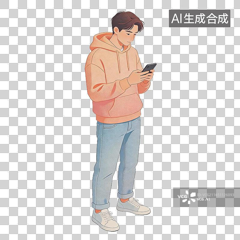 【AI数字艺术】男性低头玩手机插画图片素材