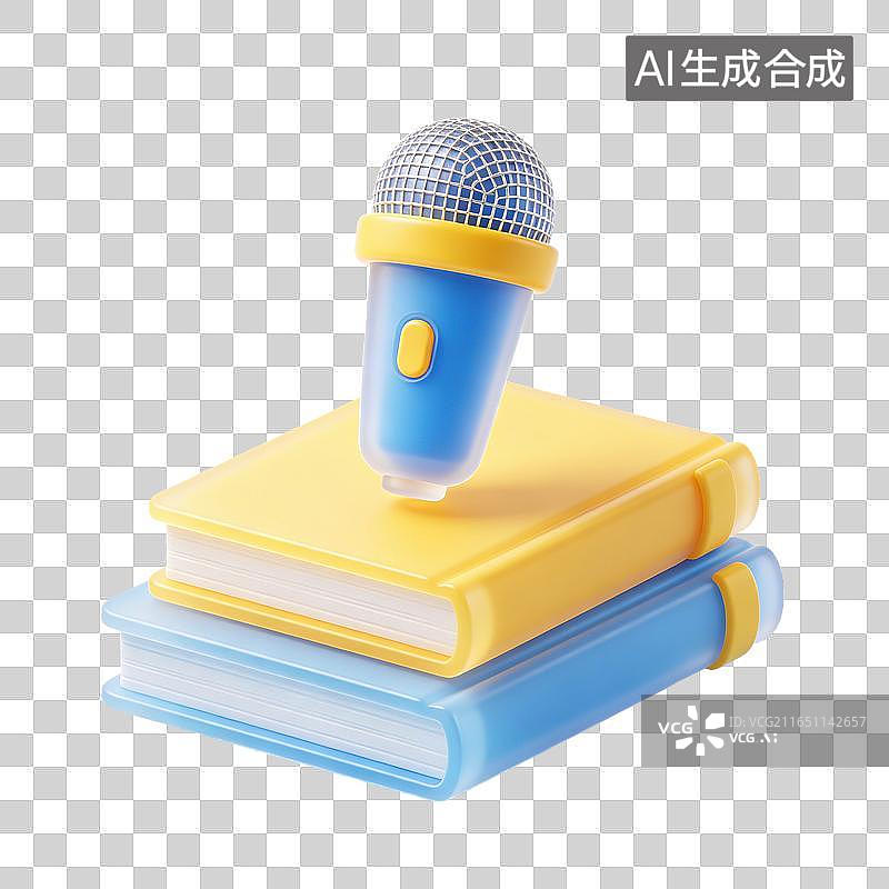 【AI数字艺术】3D磨砂玻璃材质书籍朗读播音麦克风有声读物朗读配音知识播客文本音频录制元素图片素材