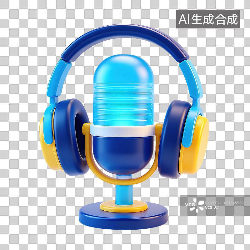 【AI数字艺术】3D磨砂玻璃材质专业录音麦克风监听耳机套装播音电台录制直播监听人声后期混音元素图片素材