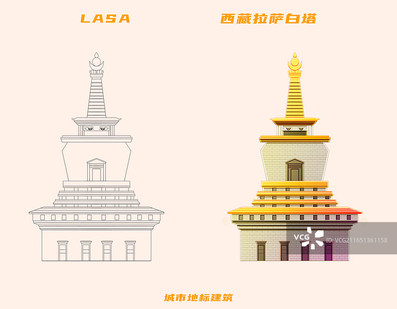 新中式描边风格城市系列插画西藏拉萨白塔色稿线稿组合图片素材