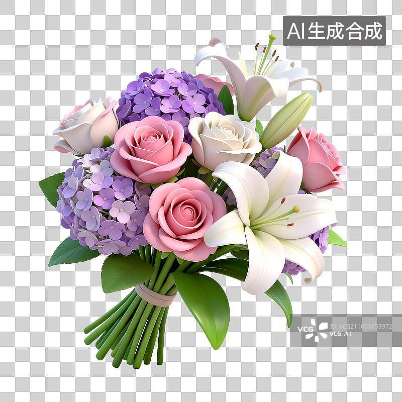 【AI数字艺术】混搭花束粉玫瑰白百合紫绣球图片素材