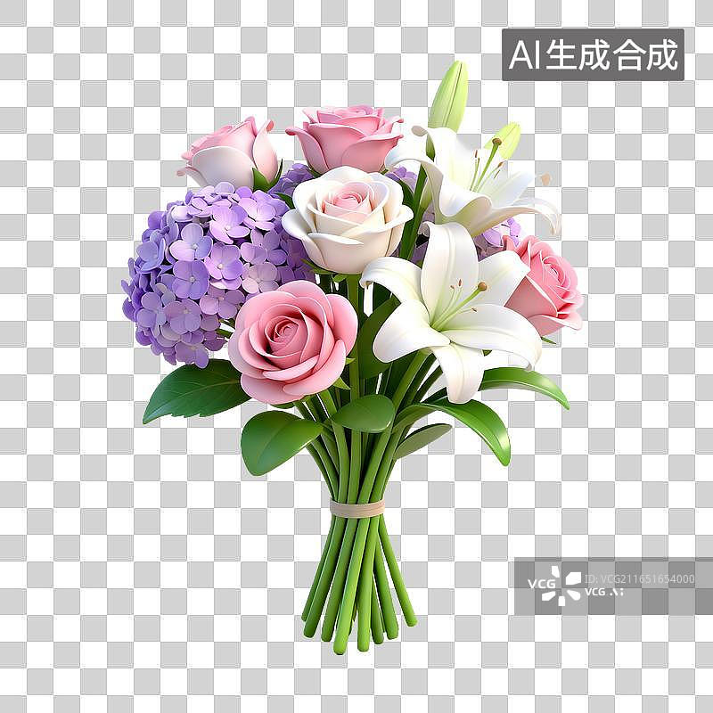 【AI数字艺术】混搭花束粉玫瑰白百合紫绣球图片素材