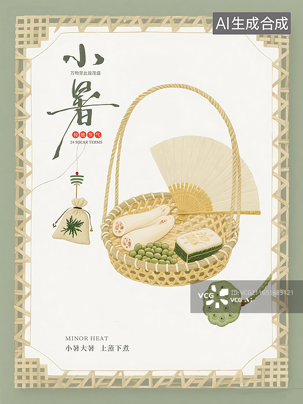 【AI数字艺术】手绘夏天应季食材，二十四节气插画海报-夏天 ，竹篮里的莲藕、山药和莲子糕点，国风小场景静物组合，竖版图片素材