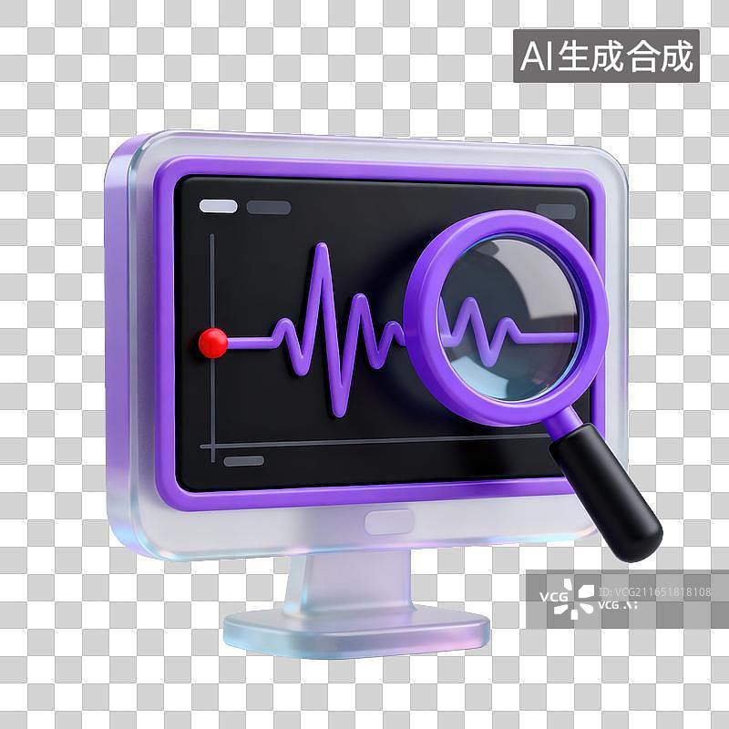 【AI数字艺术】3D磨砂玻璃材质心电波形监测曲线放大镜电脑显示器元素图片素材