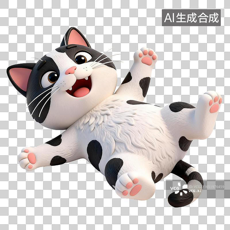 【AI数字艺术】仰躺的可爱黑白斑点卡通猫图片素材