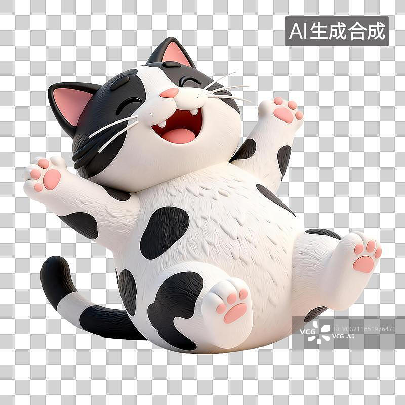 【AI数字艺术】仰躺的可爱黑白斑点卡通猫图片素材