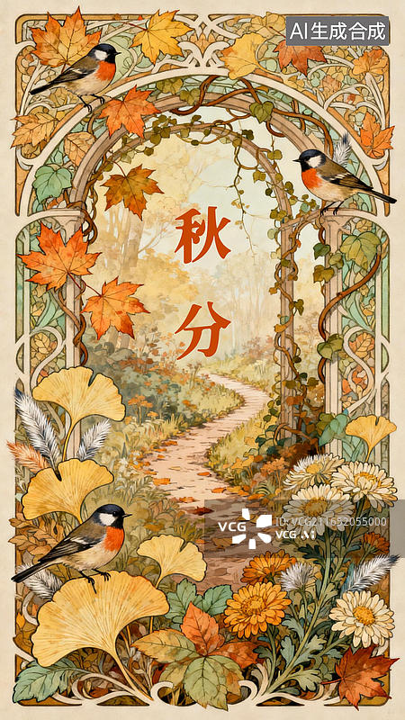 【AI数字艺术】秋分节气手绘海报创意背景 童话图书文学艺术封面配图秘密花园装饰画新艺术运动 唯美复古版画藤蔓缠枝花草图片素材