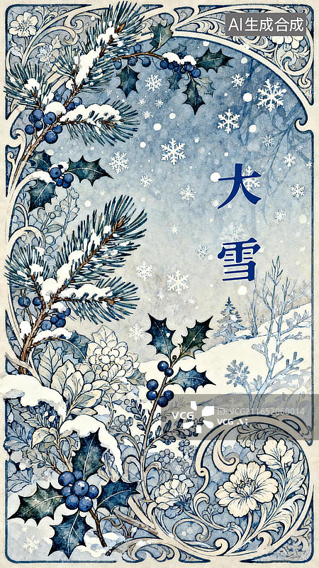 【AI数字艺术】大雪节气手绘海报创意背景 童话图书文学艺术封面配图秘密花园装饰画新艺术运动 欧式缠枝藤蔓缠枝花草雪地图片素材
