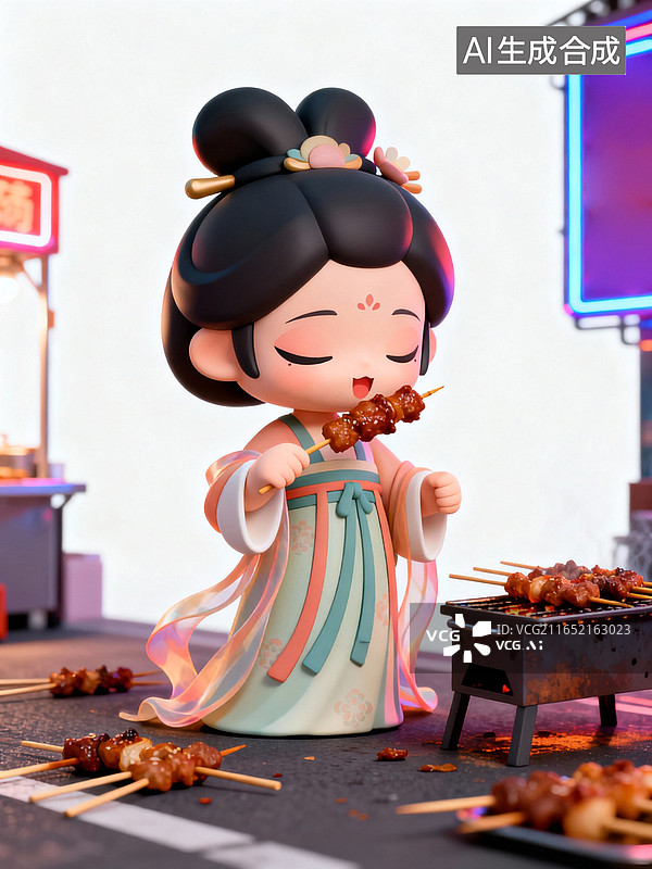 【AI数字艺术】三维 3D 插画 复古夜市场景中唐装 Q 版仕女闭眼享受撸串，国潮美食插画图片素材