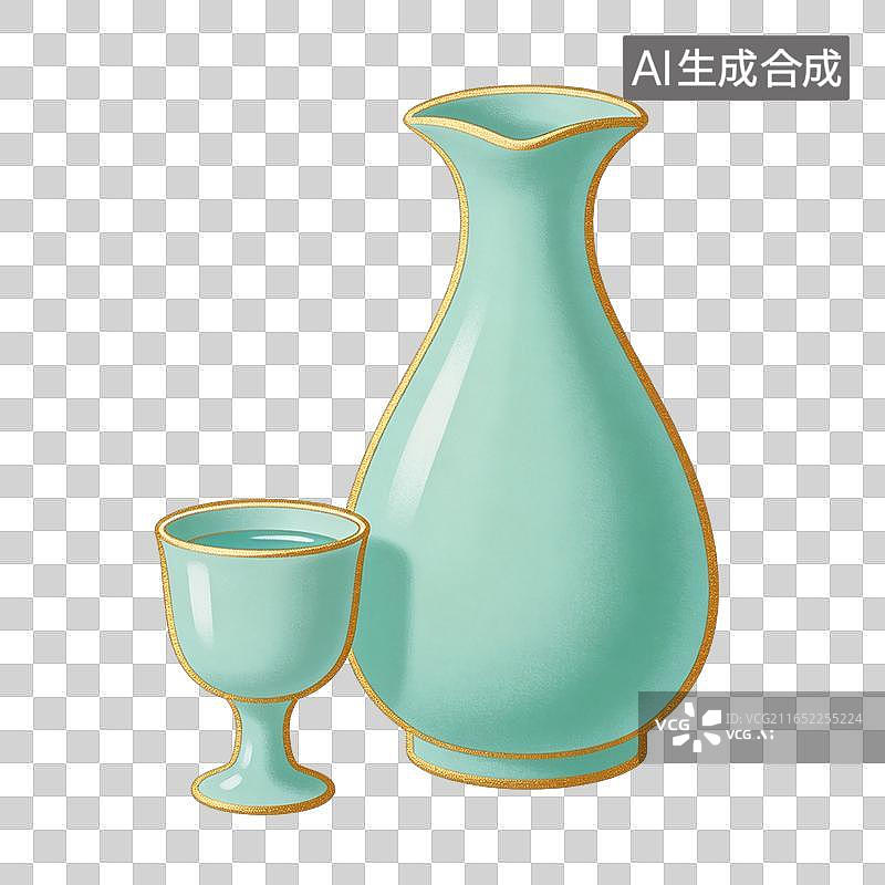 【AI数字艺术】国风传统青瓷淡雅酒具插画元素图片素材