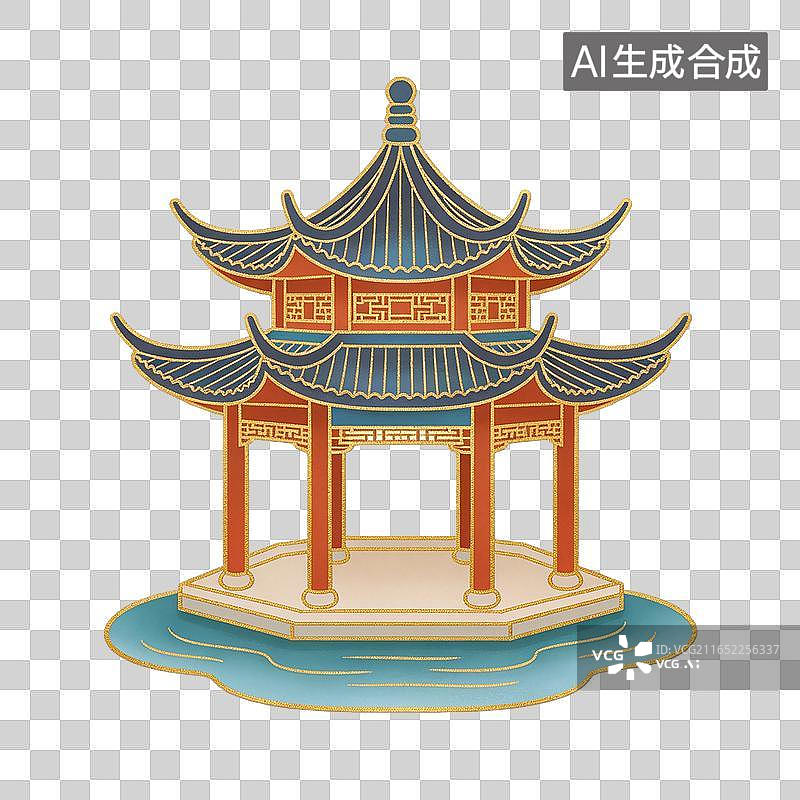 【AI数字艺术】国风唯美古典飞檐凉亭插画元素图片素材