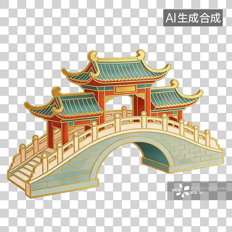 【AI数字艺术】国风唯美飞檐红柱廊桥插画元素图片素材