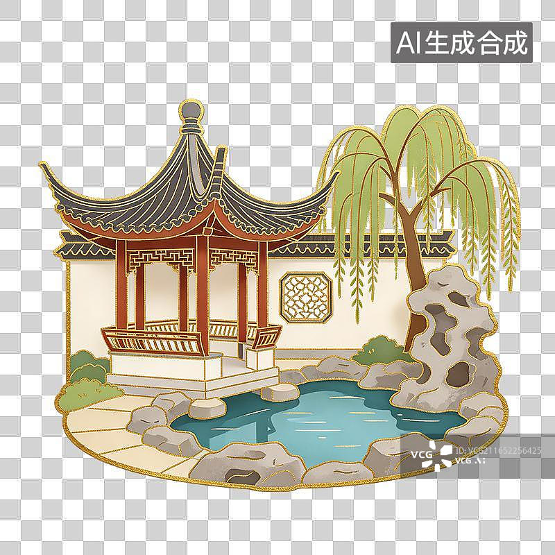 【AI数字艺术】国风唯美荷塘垂柳水榭亭插画元素图片素材