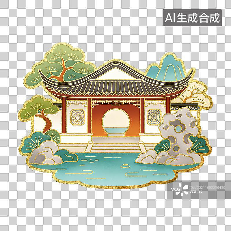 【AI数字艺术】国风唯美荷塘垂柳水榭亭插画元素图片素材