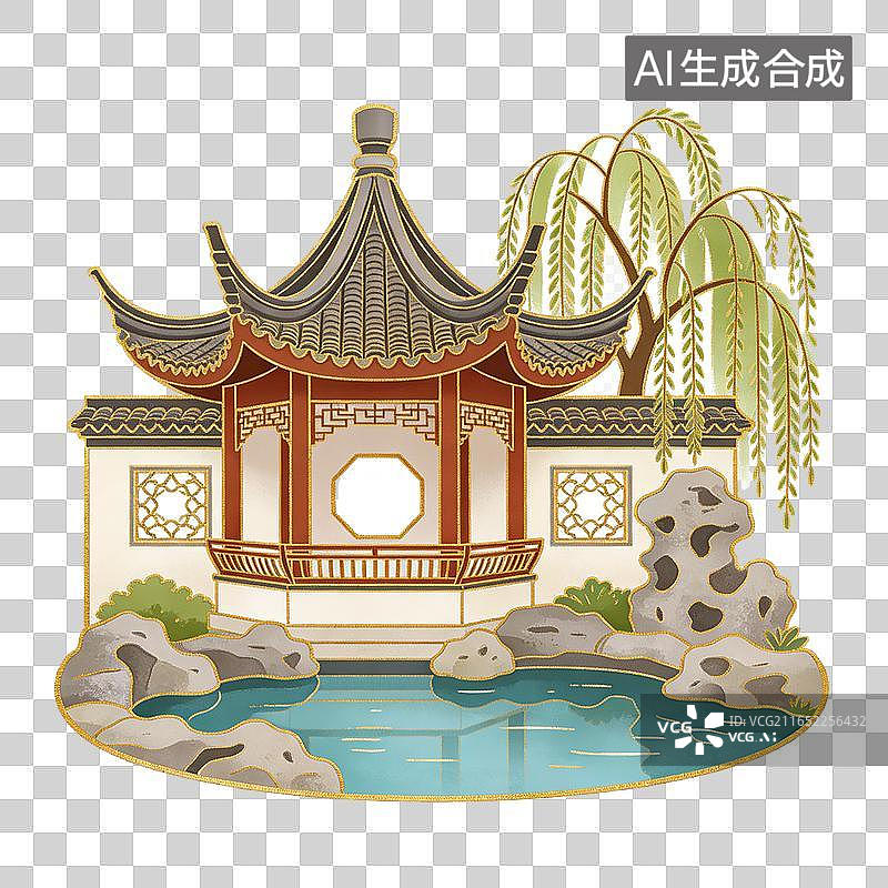 【AI数字艺术】国风唯美荷塘垂柳水榭亭插画元素图片素材