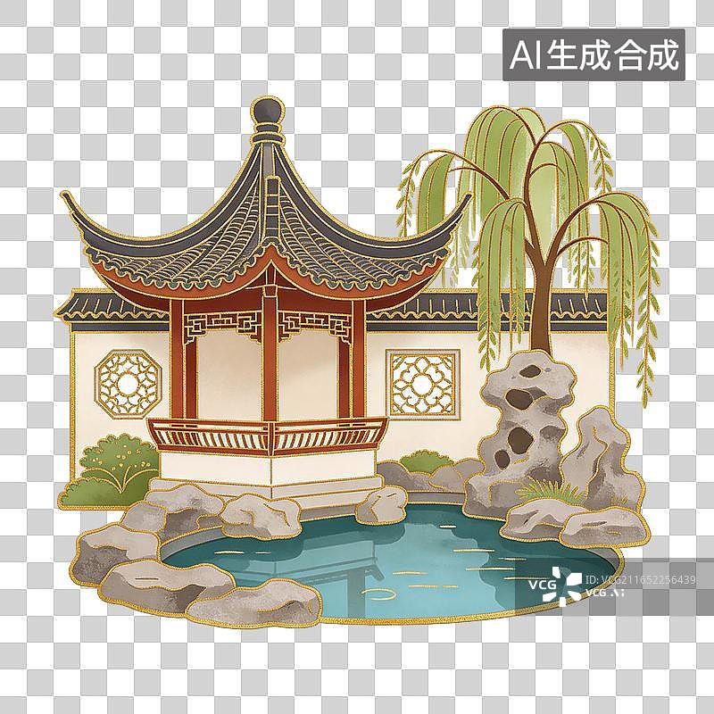 【AI数字艺术】国风唯美荷塘垂柳水榭亭插画元素图片素材
