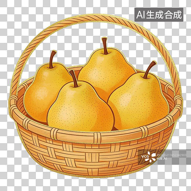 【AI数字艺术】国风清新竹篮丰收雪梨插画元素图片素材