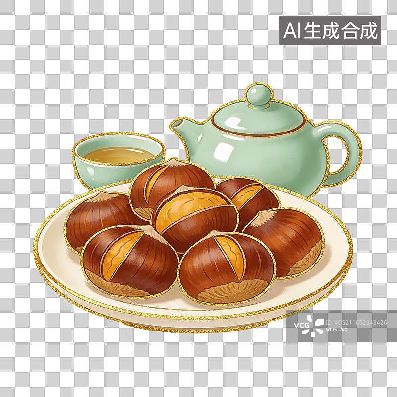 【AI数字艺术】中式茶点板栗静物插画元素图片素材
