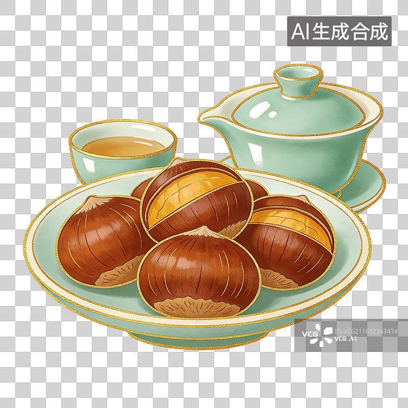 【AI数字艺术】中式茶点板栗静物插画元素图片素材