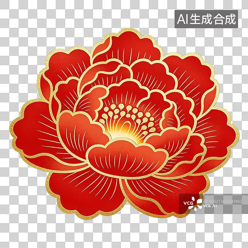 【AI数字艺术】国风金边牡丹装饰插画元素图片素材