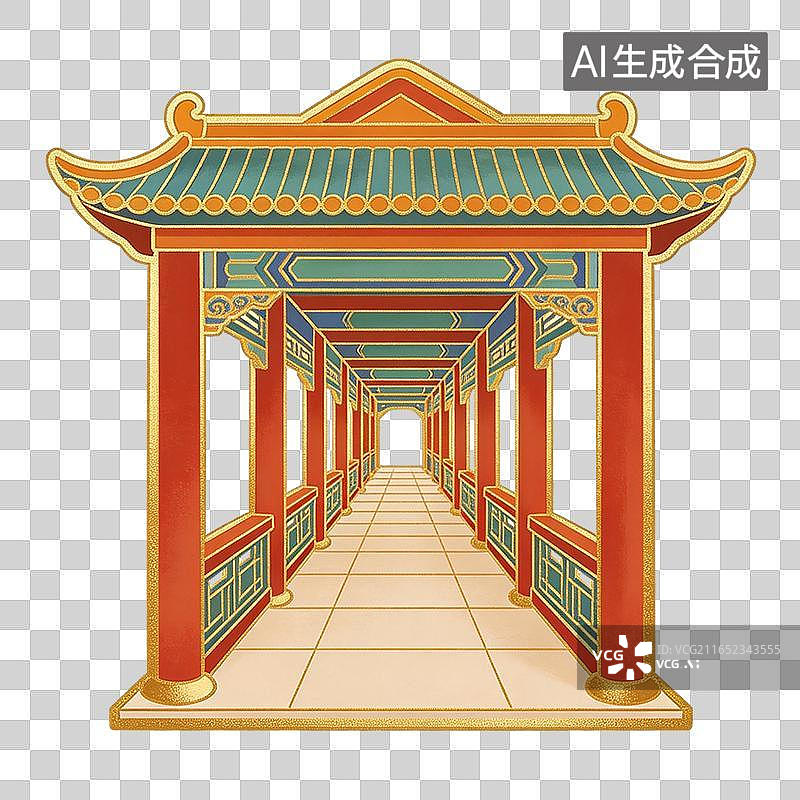 【AI数字艺术】中式古建亭廊回廊插画元素图片素材