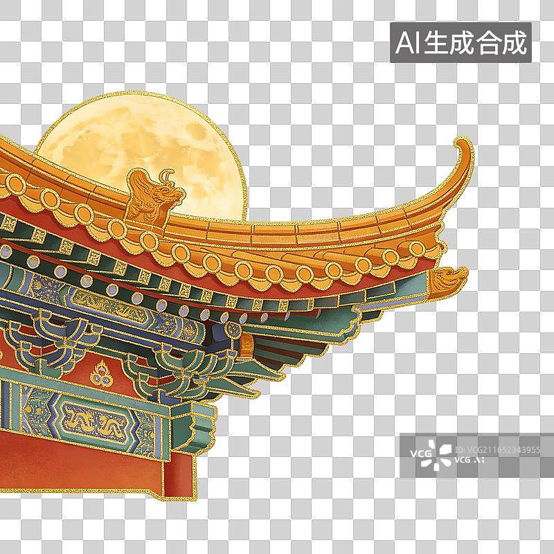 【AI数字艺术】国风月下古建飞檐插画元素图片素材