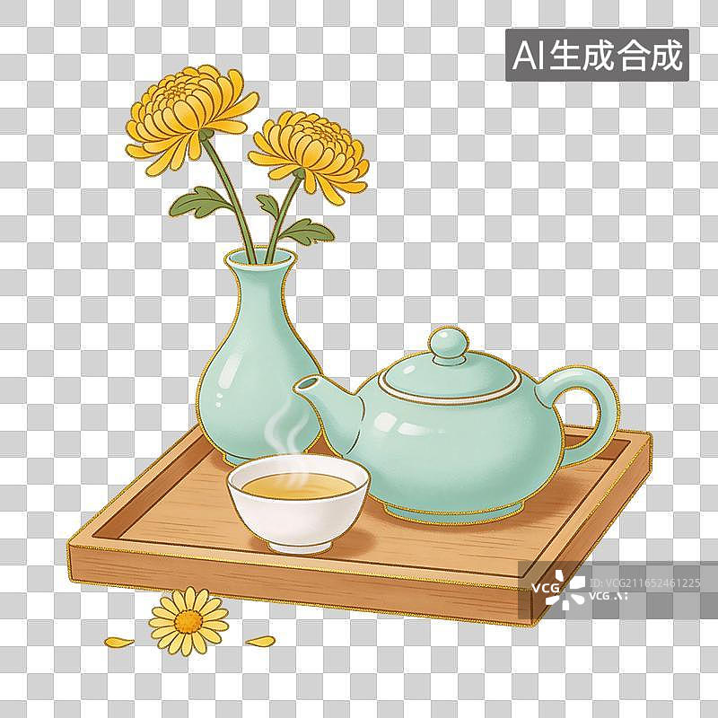 【AI数字艺术】国风重阳节茶席插画元素图片素材