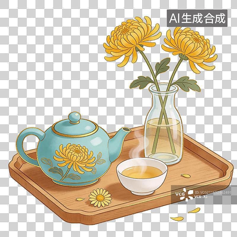 【AI数字艺术】国风茶席菊花茶具插画元素图片素材