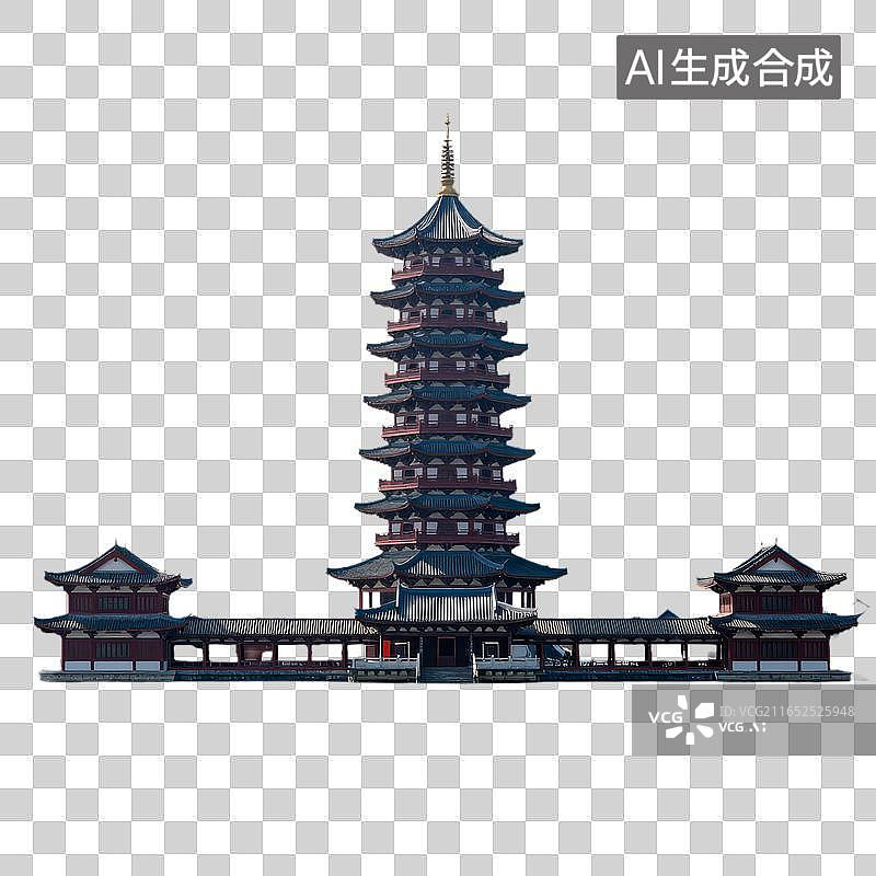 【AI数字艺术】多层中式宝塔配两侧殿宇建筑群图片素材