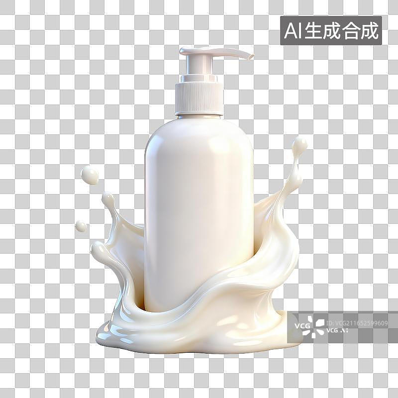 【AI数字艺术】带乳液飞溅的白色按压式洗护瓶图片素材