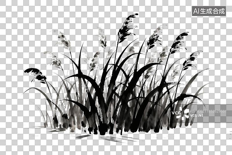 【AI数字艺术】水墨风格，一片芦苇荡PNG格式的免扣元素图片素材