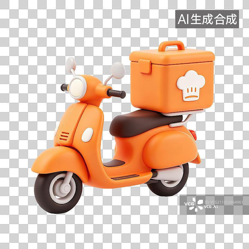 【AI数字艺术】3D轻拟物外卖摩托复古踏板车车尾搭载带厨师帽标识保温餐箱餐饮配送外卖快递元素图片素材