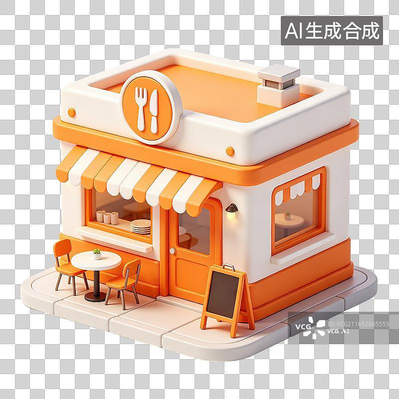【AI数字艺术】3D轻拟物迷你门店小餐馆门窗带刀叉招牌户外摆放桌椅黑板餐饮商铺元素图片素材