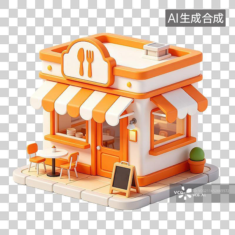 【AI数字艺术】3D轻拟物迷你门店小餐馆门窗带刀叉招牌户外摆放桌椅黑板餐饮商铺元素图片素材