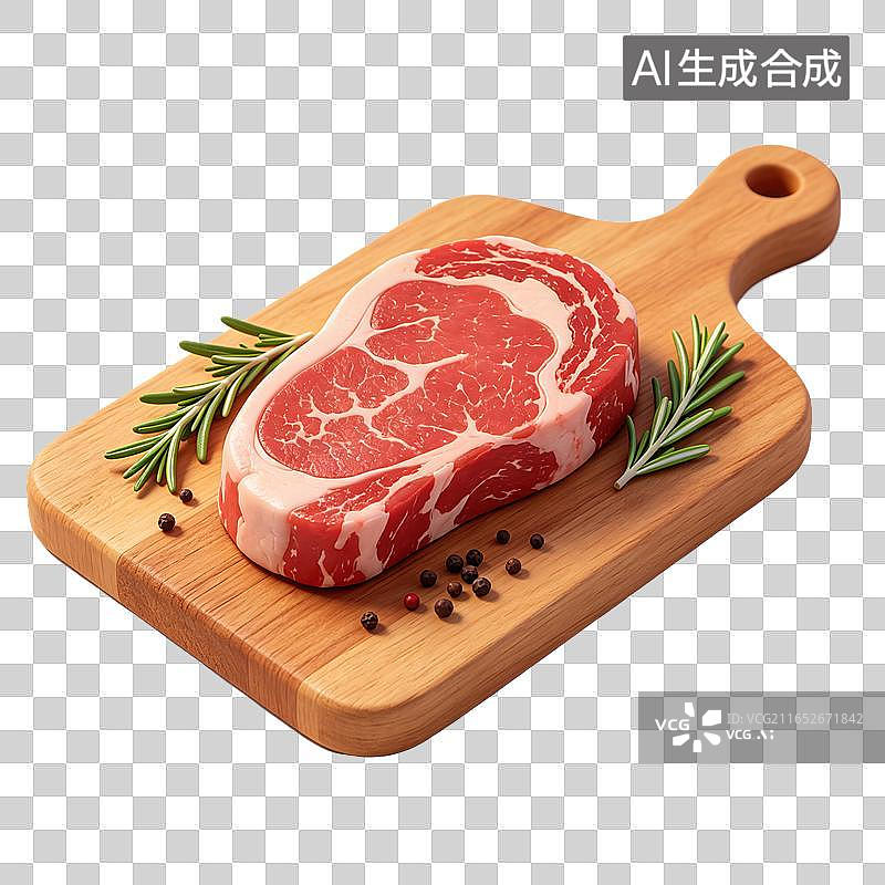 【AI数字艺术】3D轻拟物原切牛排置于木质砧板迷迭香散落黑胡椒粒西餐生鲜肉食元素图片素材