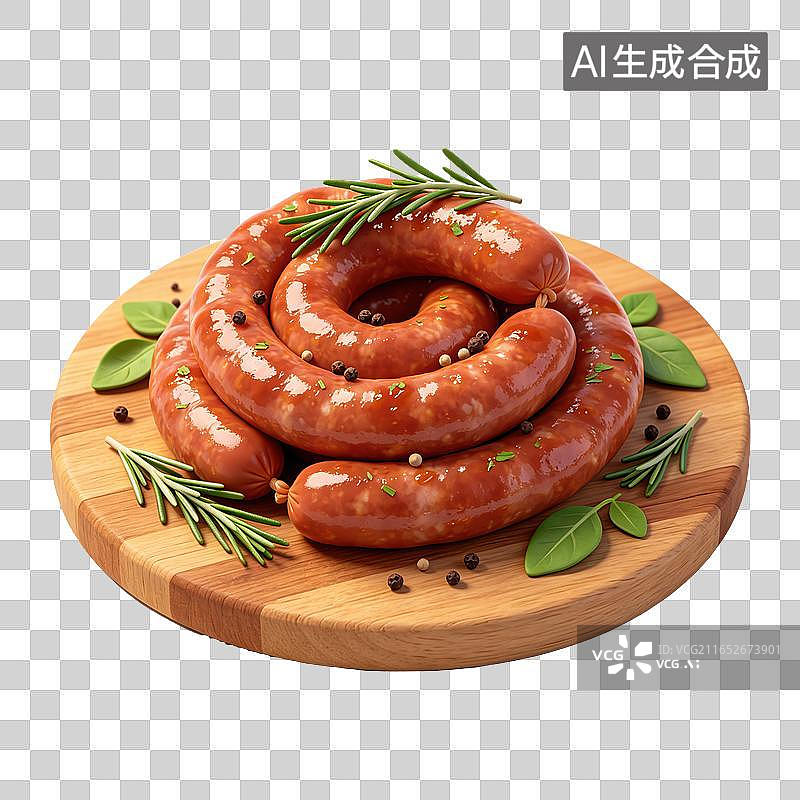 【AI数字艺术】3D轻拟物生鲜香肠肉肠放圆形木砧板搭配迷迭香月桂叶胡椒粒元素图片素材