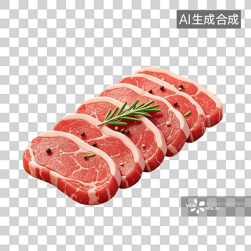 【AI数字艺术】3D轻拟物原切牛肉薄片平铺木质砧板摆放迷迭香与胡椒颗粒生鲜牛排食材元素图片素材