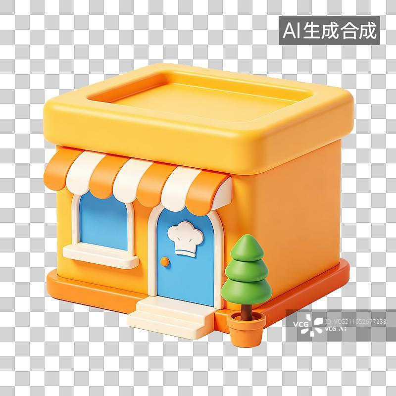 【AI数字艺术】3D轻拟物迷你餐饮小店配遮阳篷商铺模型元素图片素材