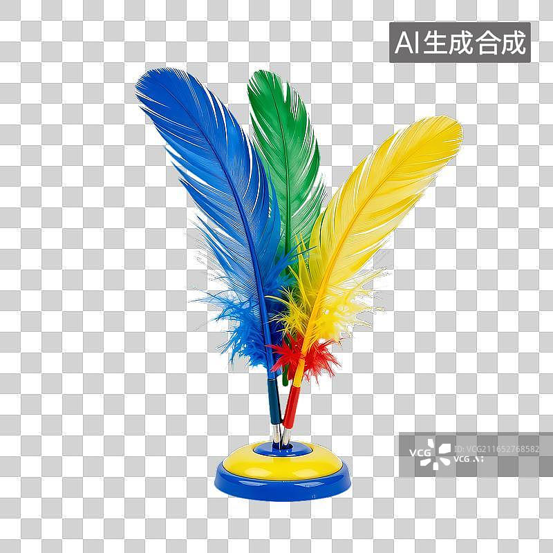 【AI数字艺术】彩色羽毛笔插在蓝黄底座上图片素材