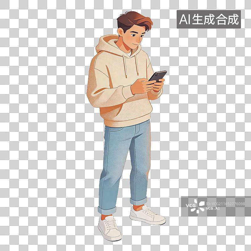 【AI数字艺术】男性低头玩手机插画图片素材