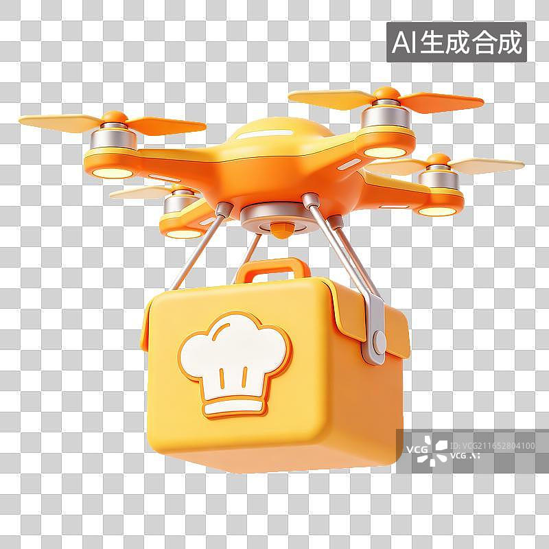 【AI数字艺术】3D轻拟物餐饮外卖无人机下方悬挂印厨师标的保温餐箱元素图片素材
