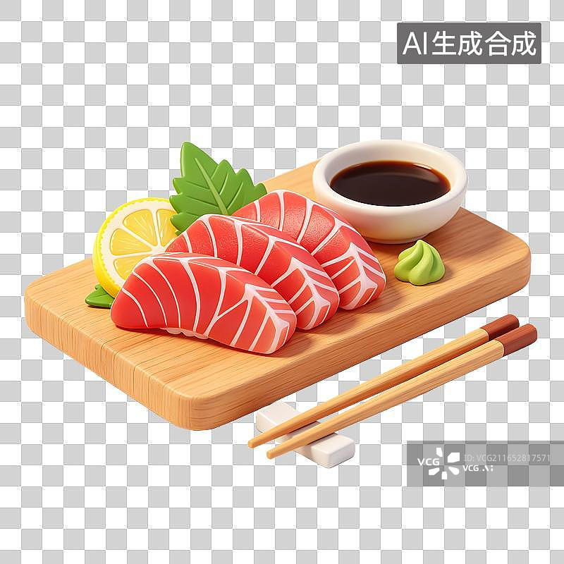 【AI数字艺术】3D轻拟物三文鱼刺身蘸料摆盘搭配柠檬片紫苏叶酱油小碗芥末膏生鲜料理元素图片素材