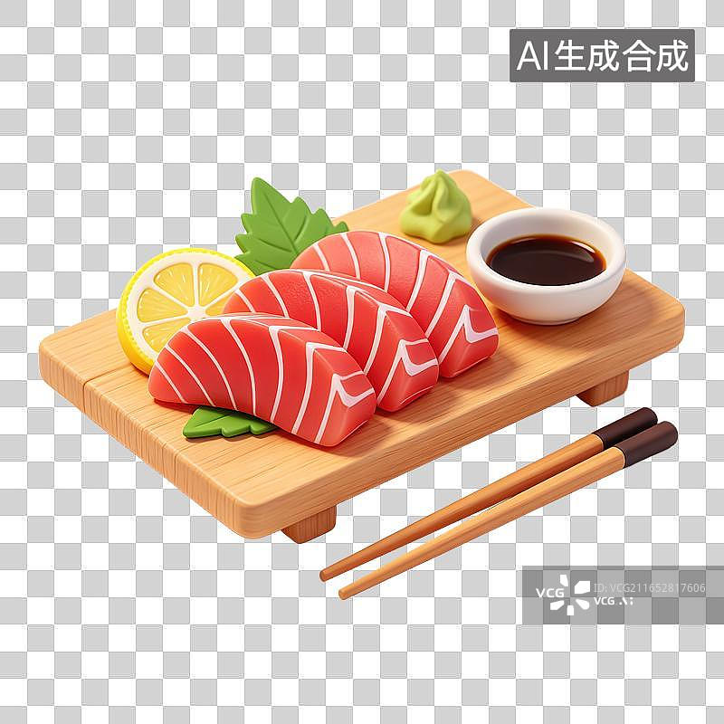【AI数字艺术】3D轻拟物三文鱼刺身蘸料摆盘搭配柠檬片紫苏叶酱油小碗芥末膏生鲜料理元素图片素材