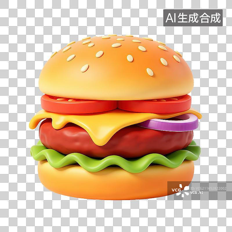 【AI数字艺术】3D轻拟物多层芝士牛肉汉堡堆叠番茄片牛肉饼紫洋葱生菜西式主食元素图片素材