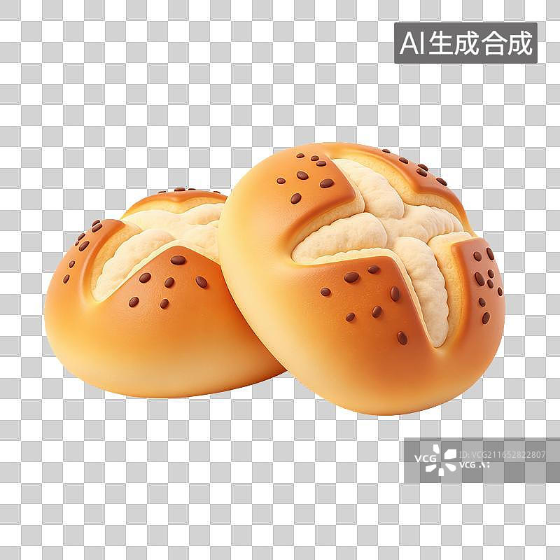 【AI数字艺术】3D轻拟物十字开口芝麻圆面包烘焙主食元素图片素材