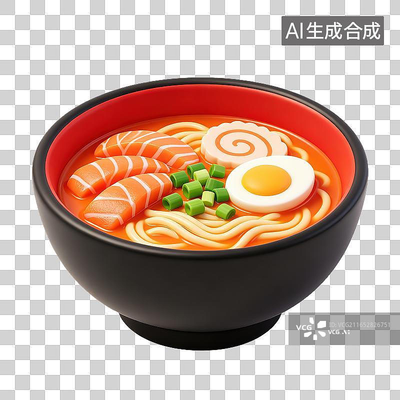 【AI数字艺术】3D轻拟物日式海鲜拉面搭配三文鱼刺身溏心蛋鱼卷葱花元素图片素材