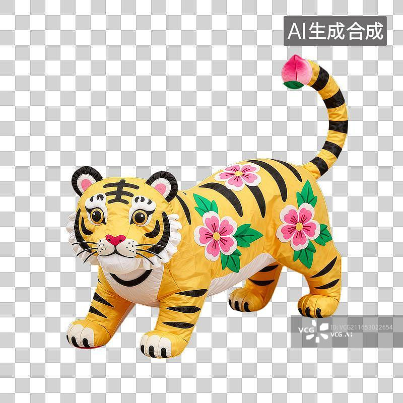 【AI数字艺术】黄色虎形装饰品带黑条纹和粉色花朵图片素材