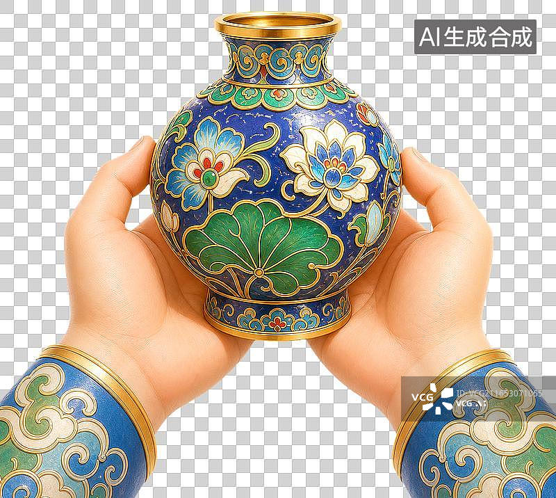 【AI数字艺术】北京景泰蓝手捧展示珐琅免抠PNG元素图片素材